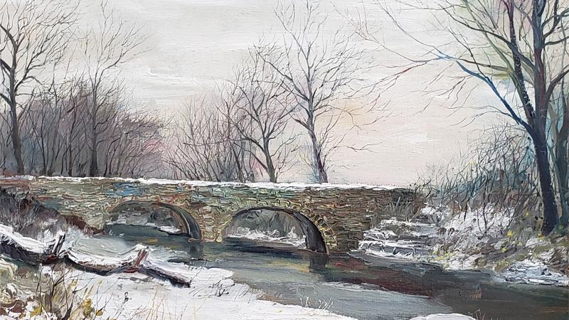 painting of bridge in winter